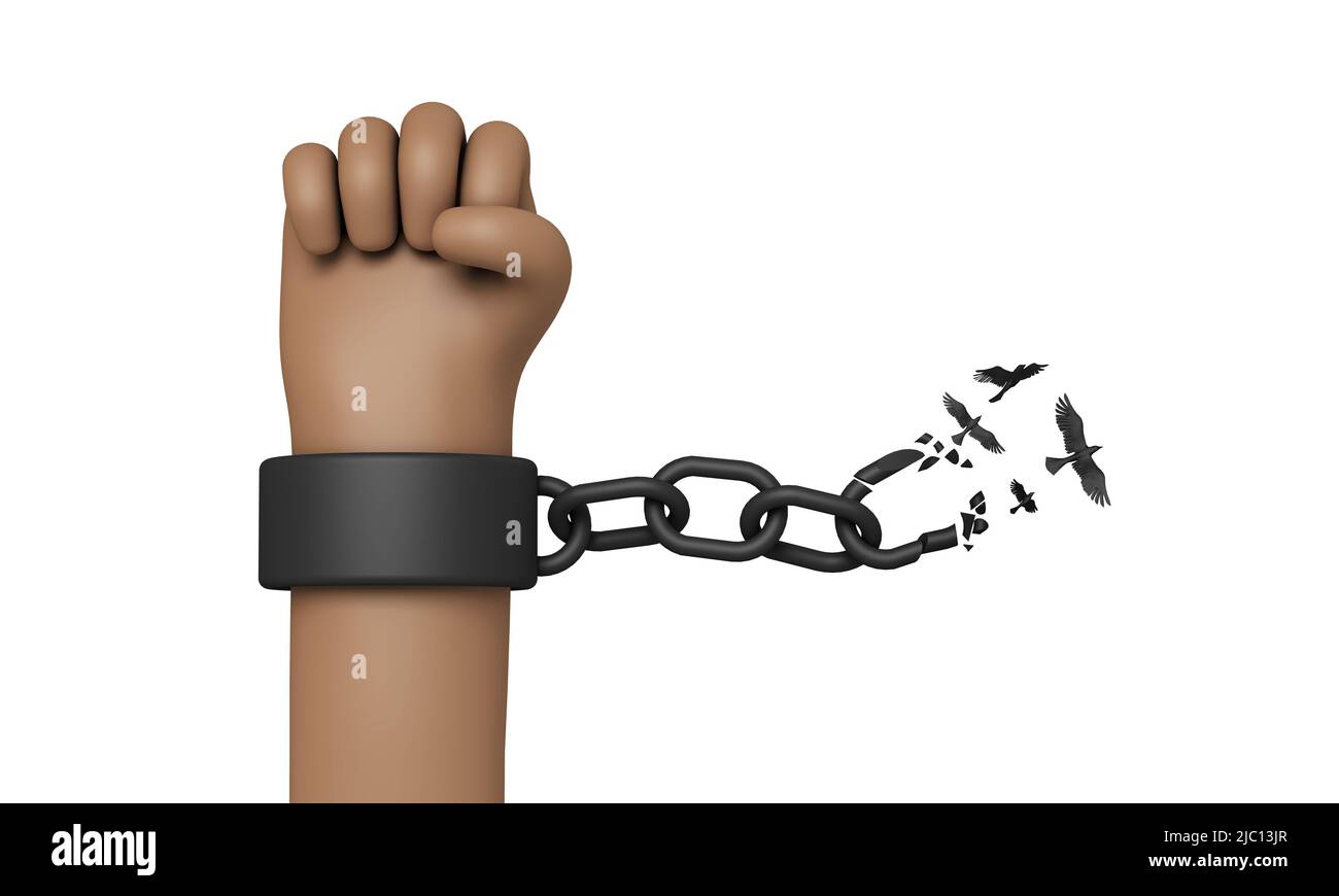 Cartoon style hand breaking free from chains. Chain turns to birds. 3D Rendering Stock Photo