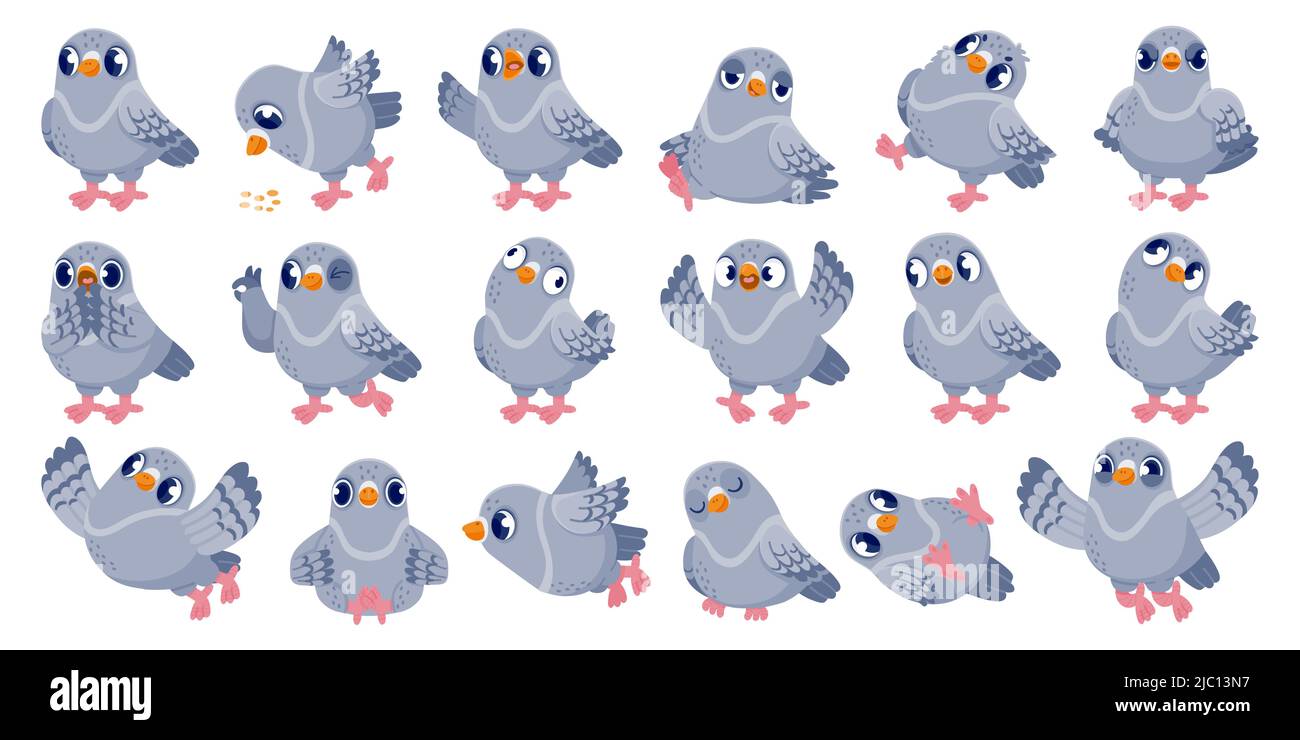 Cartoon pigeon. Funny bird character with various emotions in different poses, comic mascot clip art. Vector dove animal in flight isolated set Stock Vector