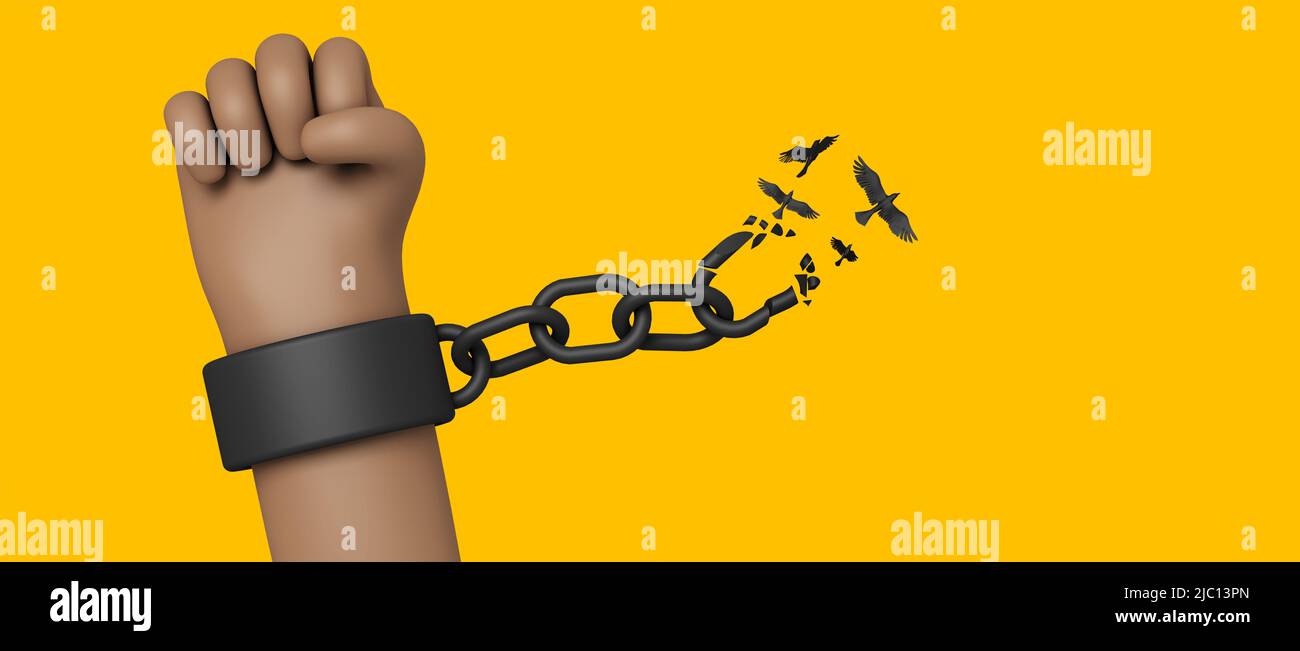 Cartoon style hand breaking free from chains. Chain turns to birds. 3D Rendering Stock Photo