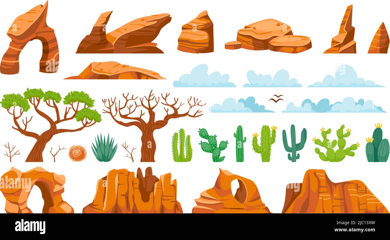 Desert cactus ant rocks. Cartoon tumbleweed, sand stones, and succulent, exotic landscape elements. Vector isolated set Stock Vector