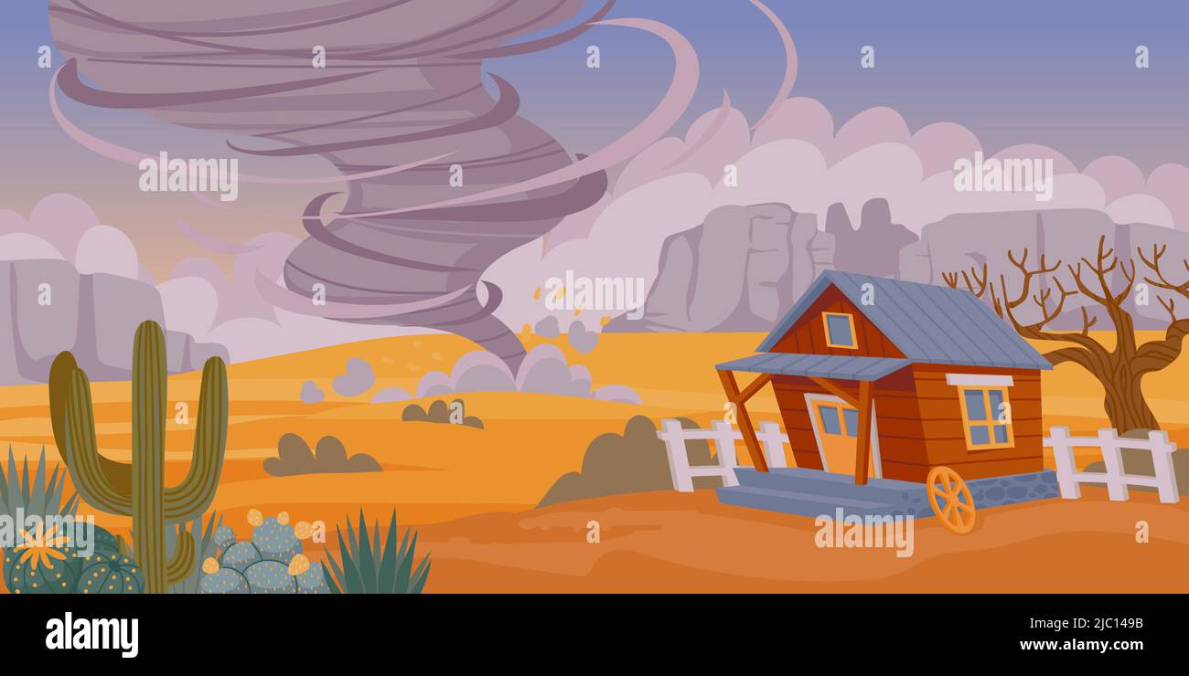 Tornado in desert. Cartoon sand storm natural disaster, desert landscape with old rustic house and air funnel. Vector background Stock Vector