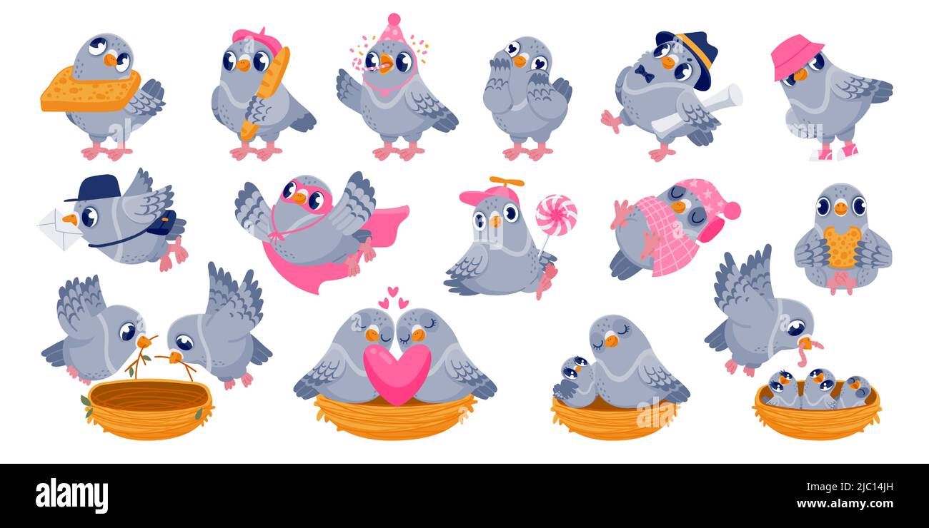 Pigeon characters. Cartoon funny birds sitting together and communicating, building nest and having a conflict. Vector pigeon animals interactions set Stock Vector