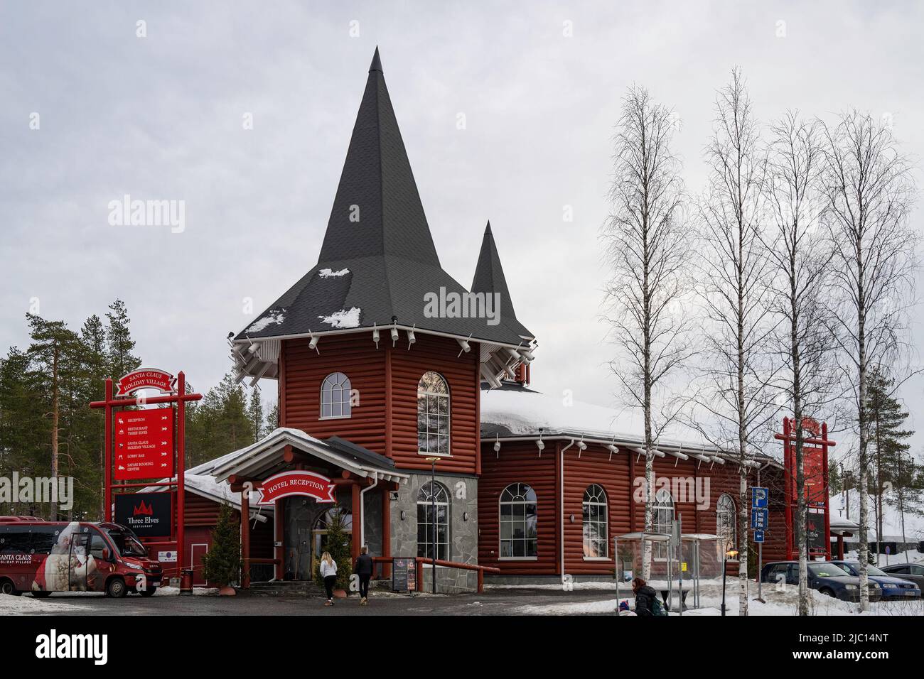 Santa's Village, Finland - March 20th, 2022: Tourist at the entrance to the Santa Claus holiday village hotel, Finland. Stock Photo