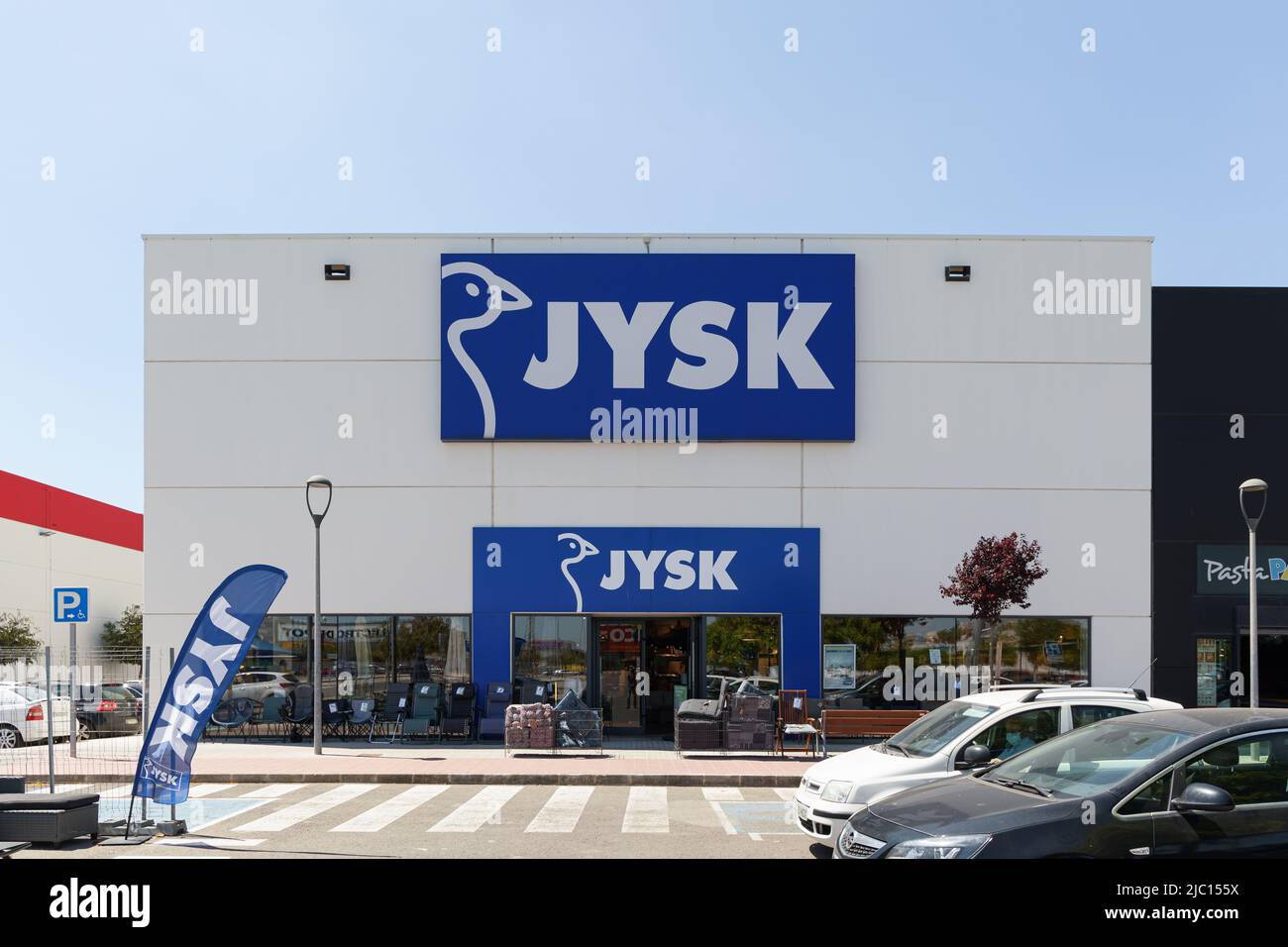 ALFAFAR, SPAIN - JUNE 06, 2022: Jysk is a Danish retail chain selling household goods Stock Photo