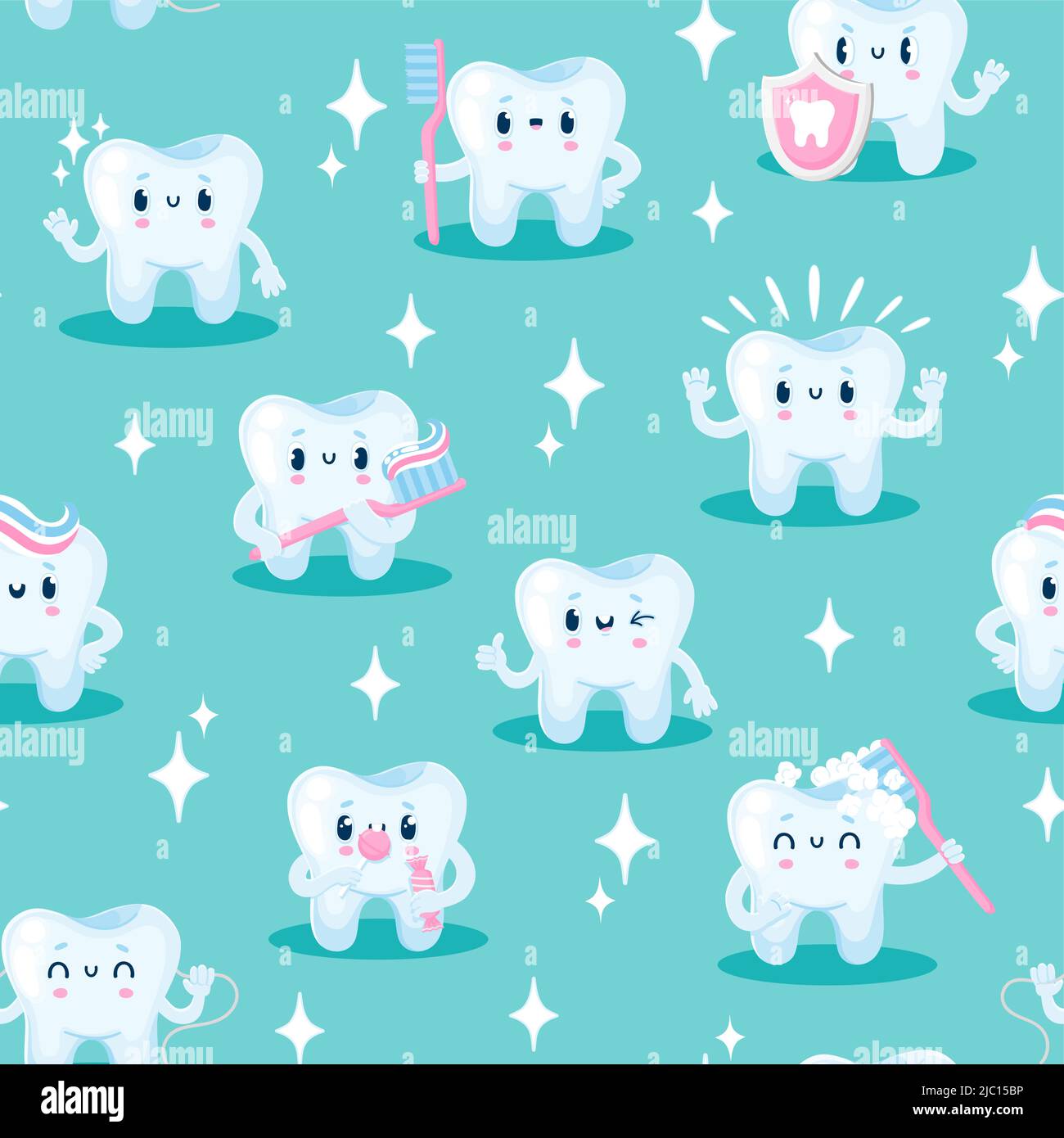 Tooth characters pattern. Seamless print with dentistry cartoon mascot persons with cute faces, dental and oral health concept. Vector texture Stock Vector