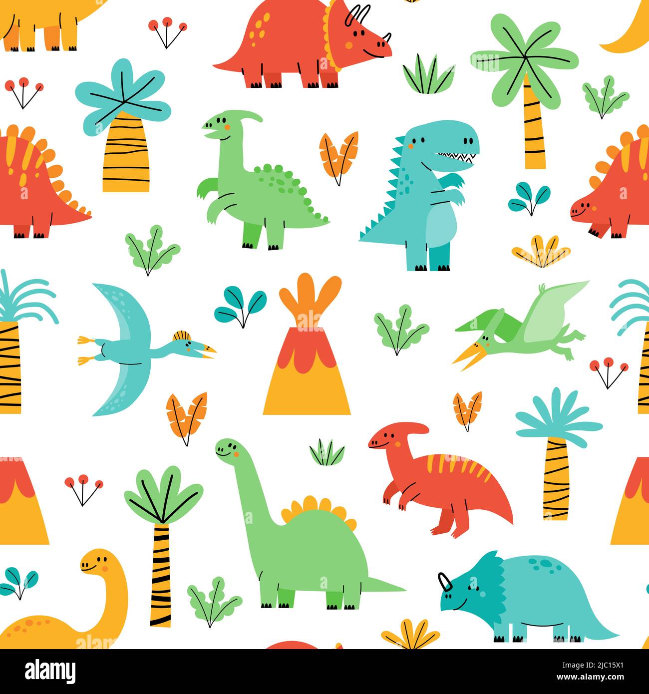 Cute dinosaur pattern. Seamless print of baby dino funny mascot character, childish scandinavian clipart. Vector kids Jurassic animal texture Stock Vector