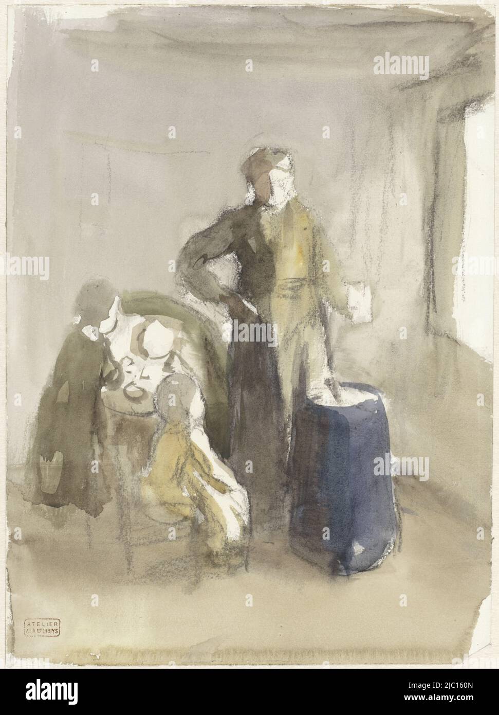 Interior with wife and children near a churn, draughtsman: Albert Neuhuys (1844-1914), 1854 - 1914, paper, brush, h 340 mm × w 250 mm Stock Photo