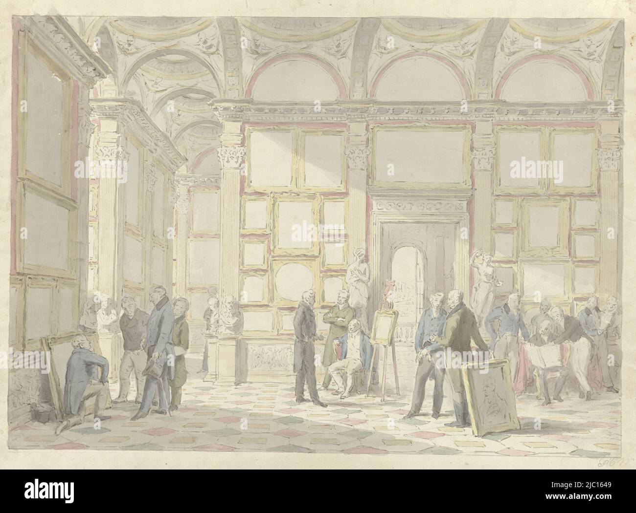 Sketch of the London painting of a Gallery with a number of famous art lovers, painted for Lord Murray. Proposed from left to right: G. Watson Taylor, Rev. W. Holwell Car, Sir John Murray, P.C. Wonder, Sir R. Peel, Sir D. Wilkie R.A., G.O. Wyndham (Earl of Egremont), G.J.W. Aga-Ellis (later Baron Dover), R. Earl of Grosvenor (later Duke of Westminster), G. Granville (Marquis of Stafford, later Duke of Sutherland and as portrait), Sir Ch. Long (later Lord Farnborough), Sir Abraham Hume bart, and the Earl of Aberdeen, Art lovers in a gallery., draughtsman: Pieter Christoffel Wonder, (signed by Stock Photo