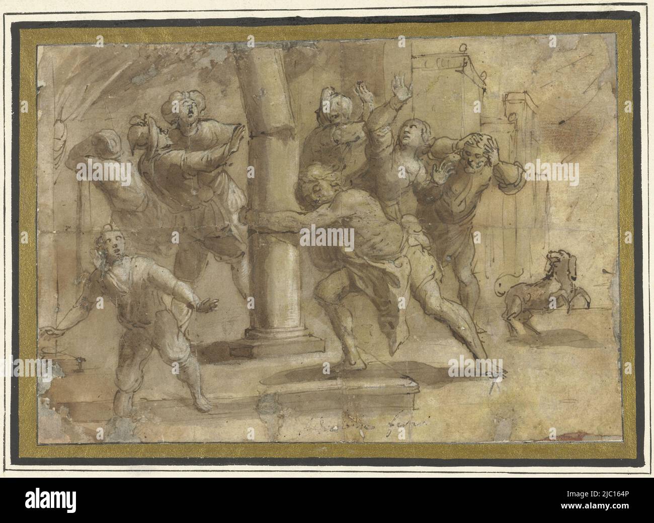 Samson collapses the temple, draughtsman: Gaudenzio Ferrari, 1481 - 1546, prepared paper, pen, brush, h 141 mm × w 204 mm Stock Photo