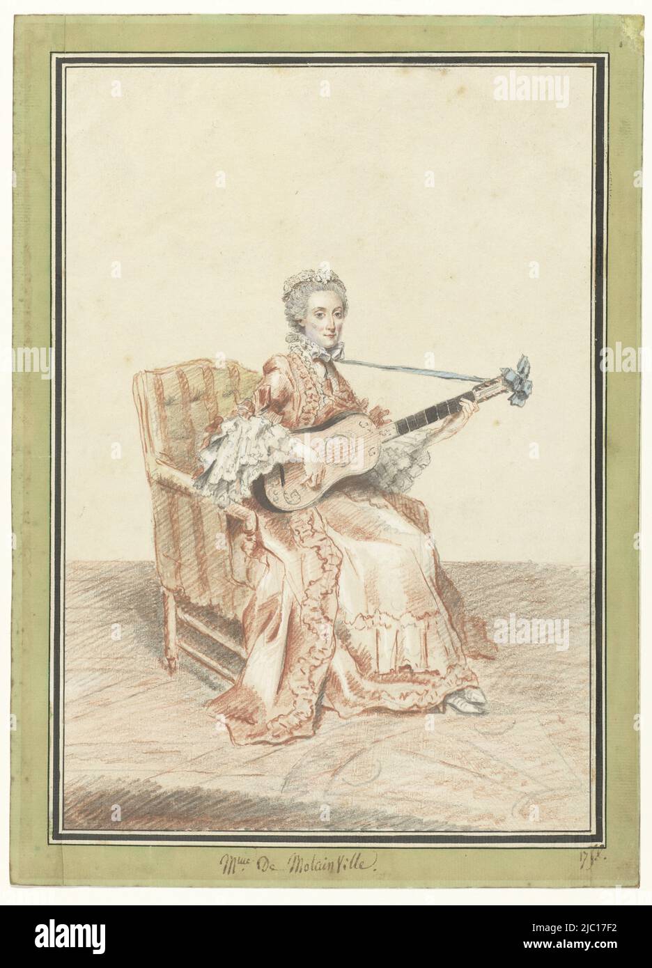 Portrait of Madame de Montainville, sitting on a chair, playing guitar. The portrait is part of a series of 750 portraits of the nobility, magistracy, clergy and scholars and artists from the surroundings of the Duc de Chartres, Portrait of Madame de Montainville, playing the guitar., draughtsman: Louis de Carmontelle, 1758, paper, brush, h 256 mm × w 177 mm Stock Photo