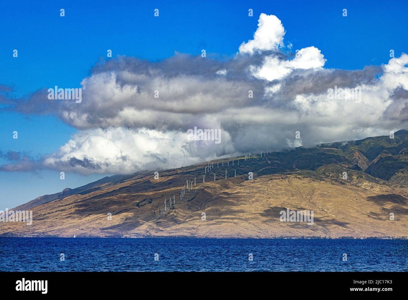 Windpark at the Maalaea Bay from the sea to the sky, USA, Hawaii, Maui Stock Photo