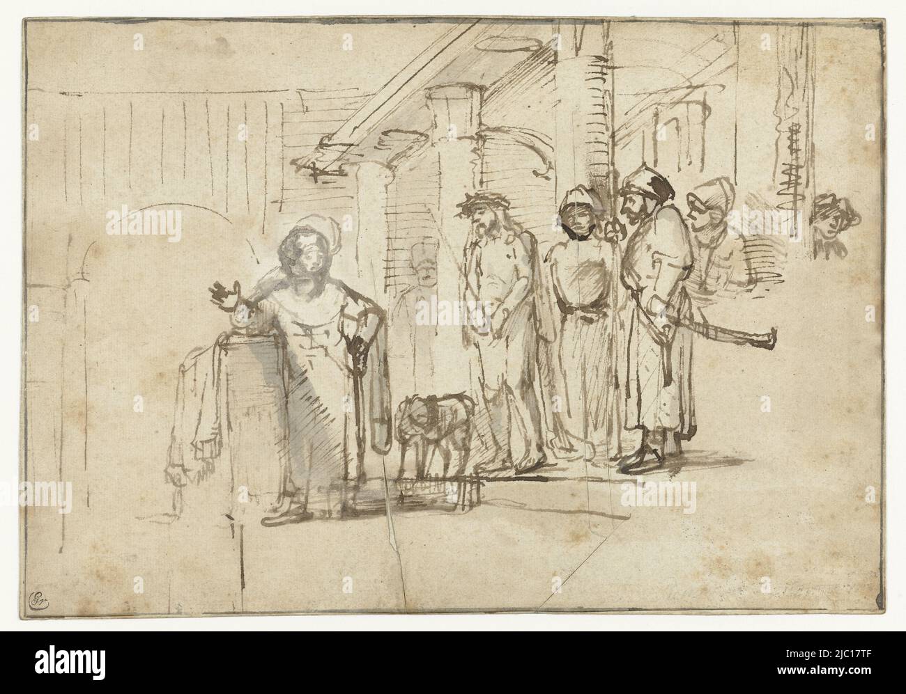 Christ Presented to the People by Pilate, draughtsman: Carel van Savoyen, (attributed to), draughtsman: Rembrandt van Rijn, (rejected attribution), Amsterdam, c. 1650, paper, pen, brush, h 173 mm × w 248 mm Stock Photo