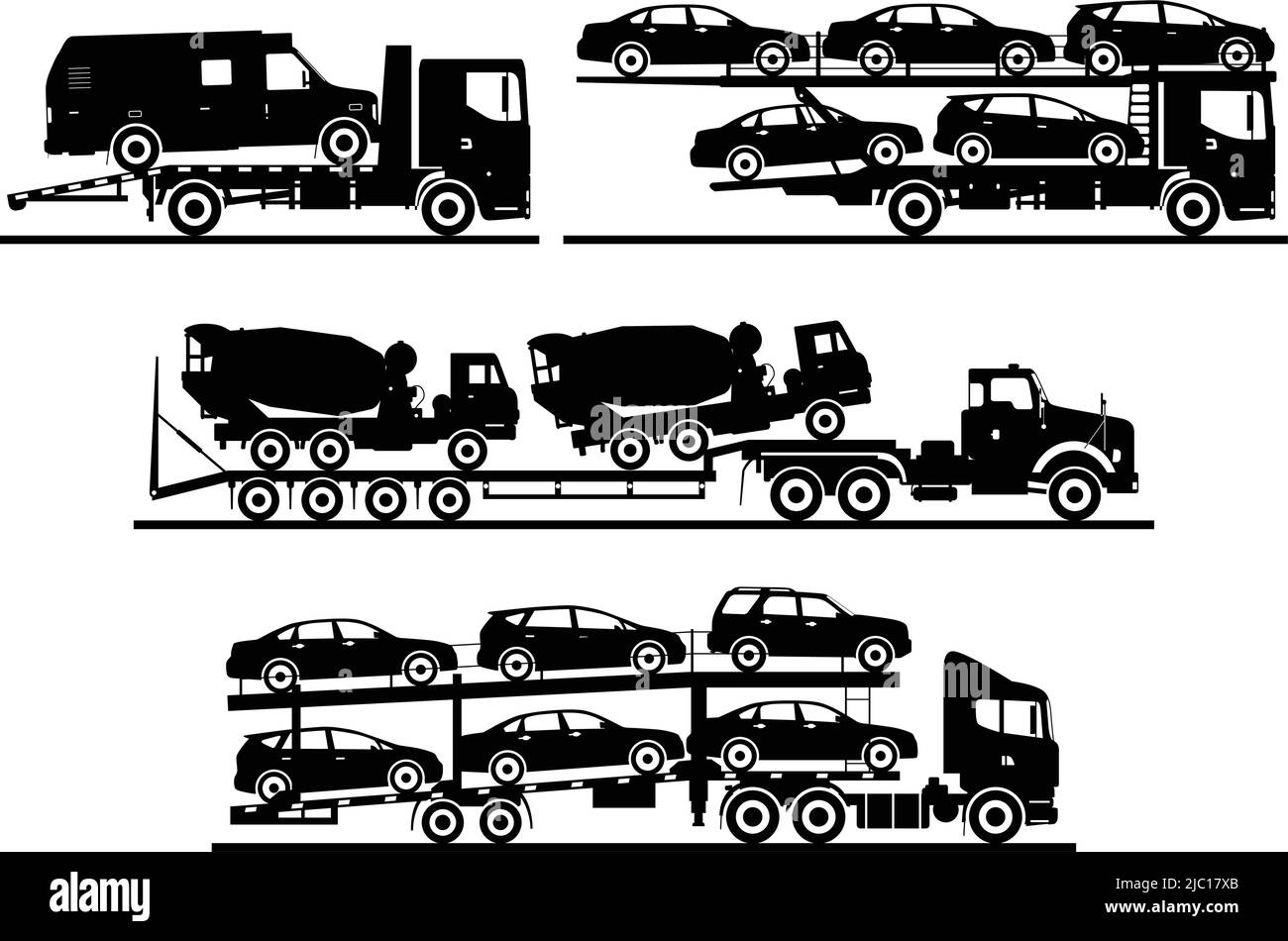 Silhouette illustration of car auto transporters on white background. Stock Vector