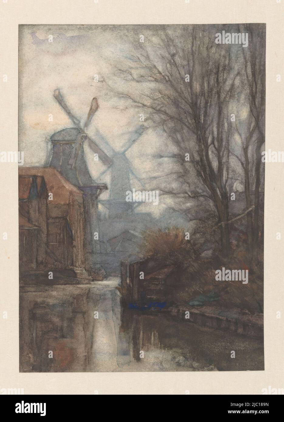 Mills on a canal, draughtsman: Jan Veth, 1887, paper, brush, h 316 mm × w 222 mm Stock Photo