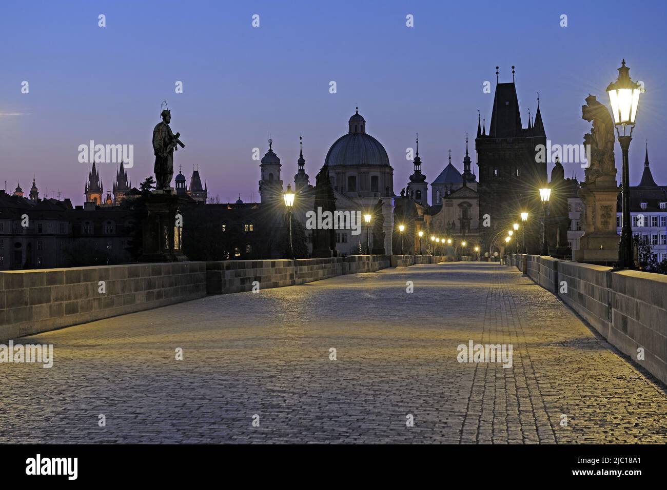 Nightshot of Charles Bridge in direction of the old town, Czech Republic, Prague Stock Photo