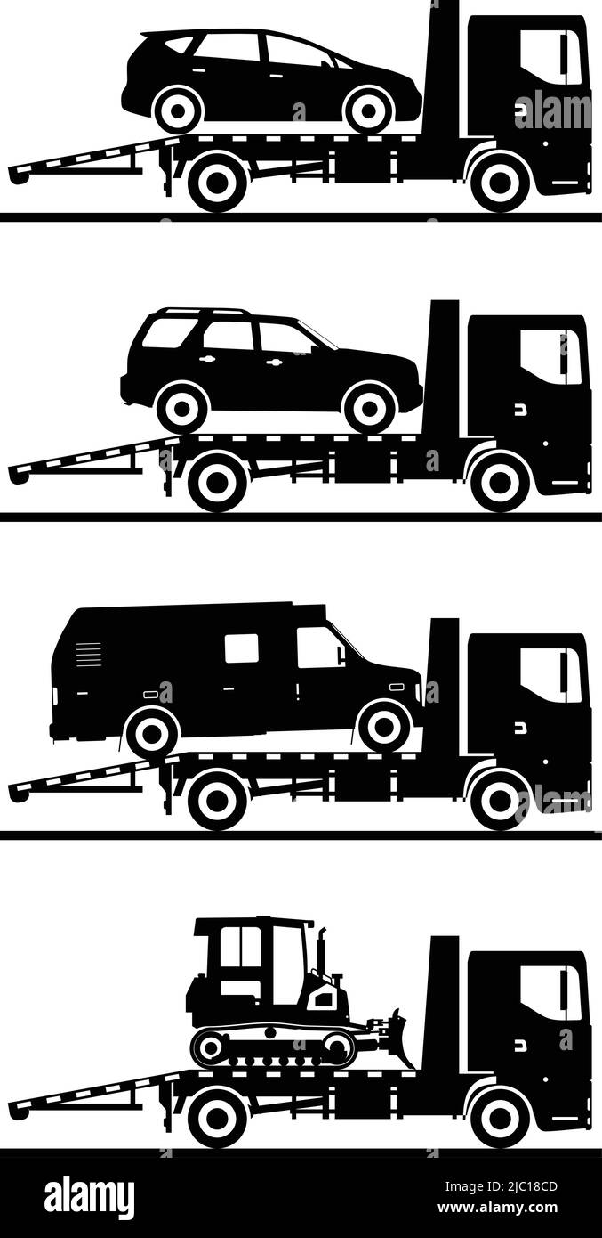 Silhouette illustration of car auto transporters on white background. Stock Vector