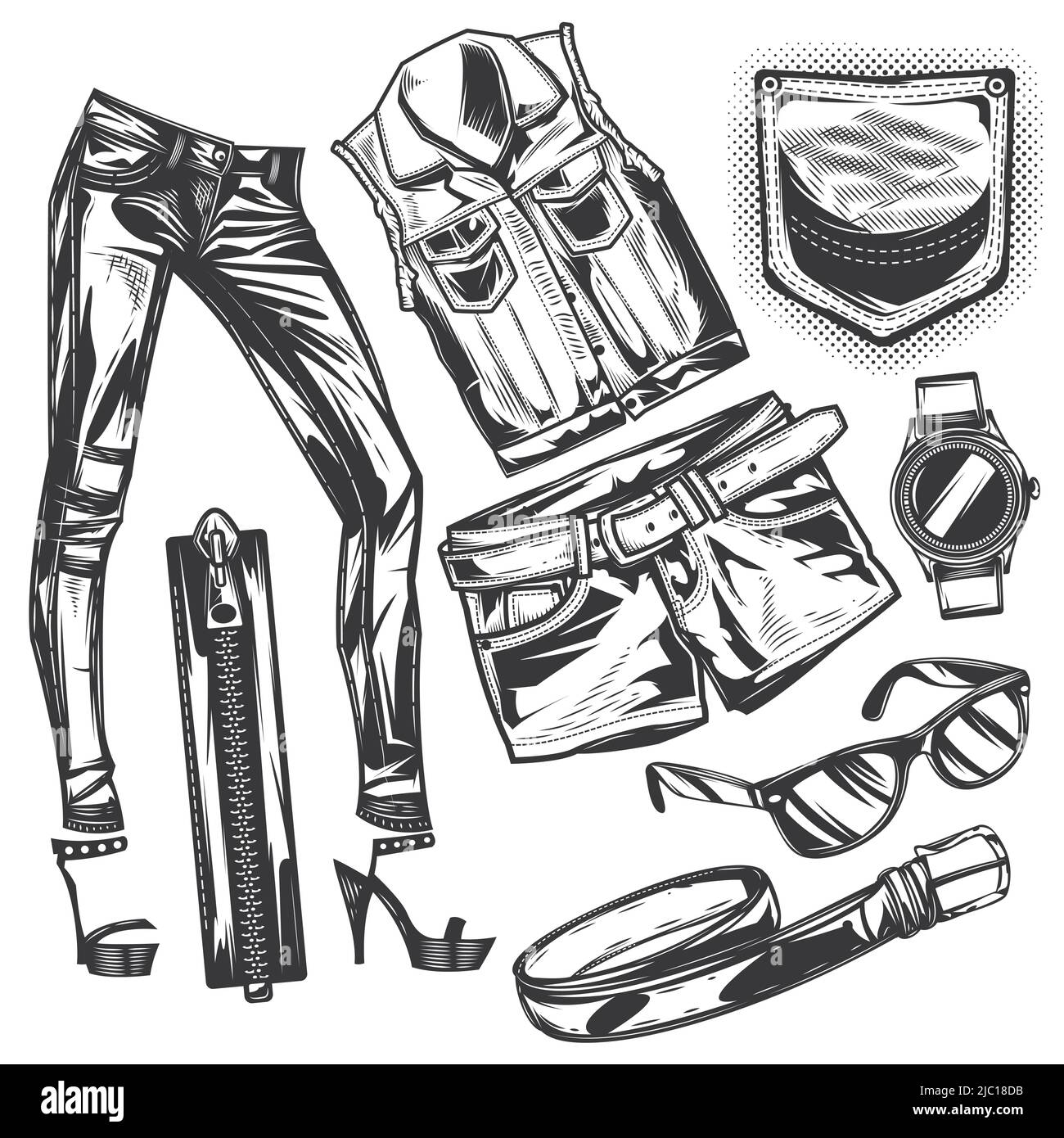 Set of jeans elements for creating your own badges, logos, labels