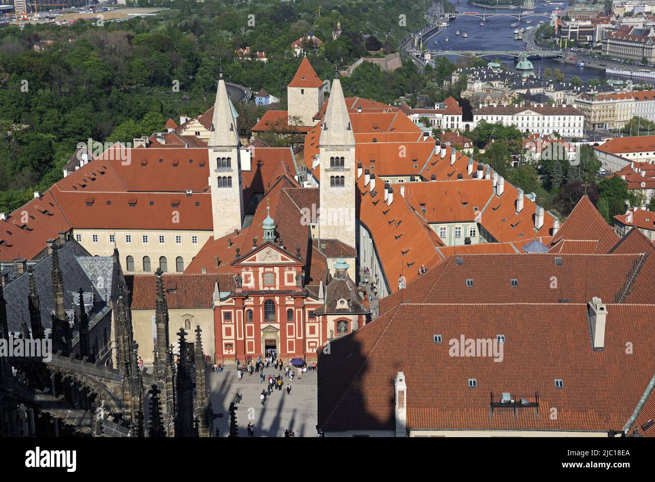 View from the southern steeple of St. Vitus Cathedral onto the area of Prague Castle, Czech Republic, Prague Stock Photo