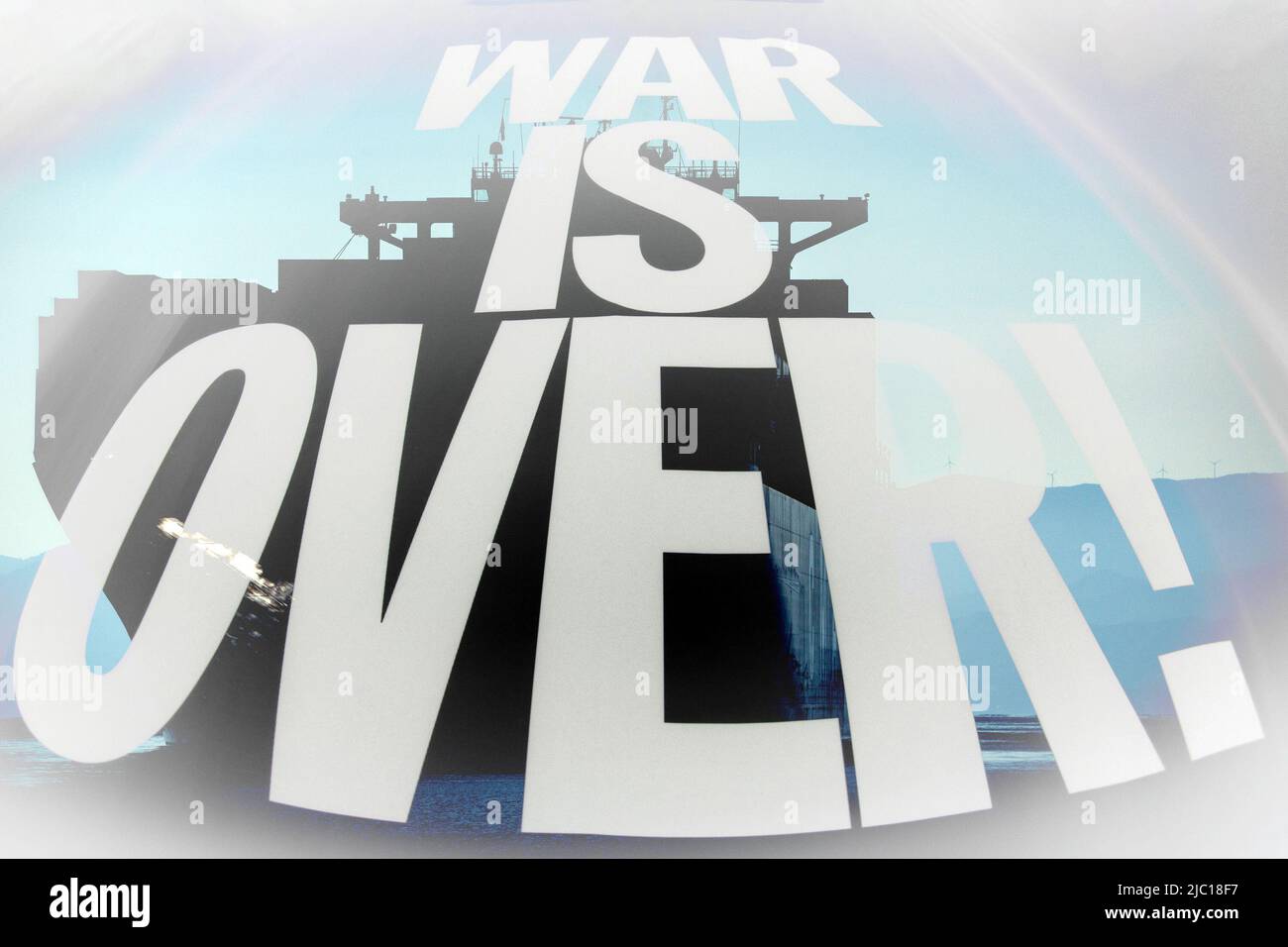 War is over writing white on ship background Stock Photo
