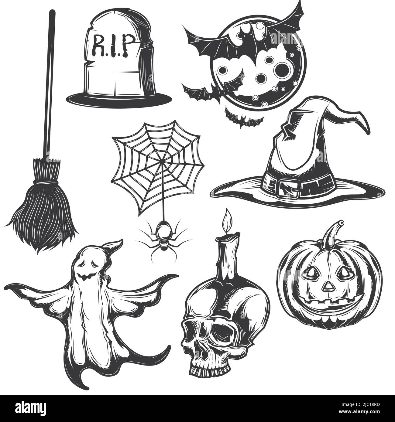 halloween icon set with creepy ghost tombstones and Halloween attributes vector illustration Stock Vector