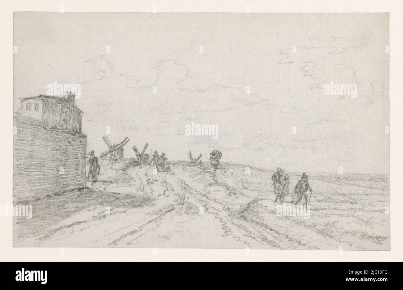 Road on the Butte with mills ahead, draughtsman: Georges Michel, 1773 - 1843, paper, h 100 mm × w 155 mm Stock Photo