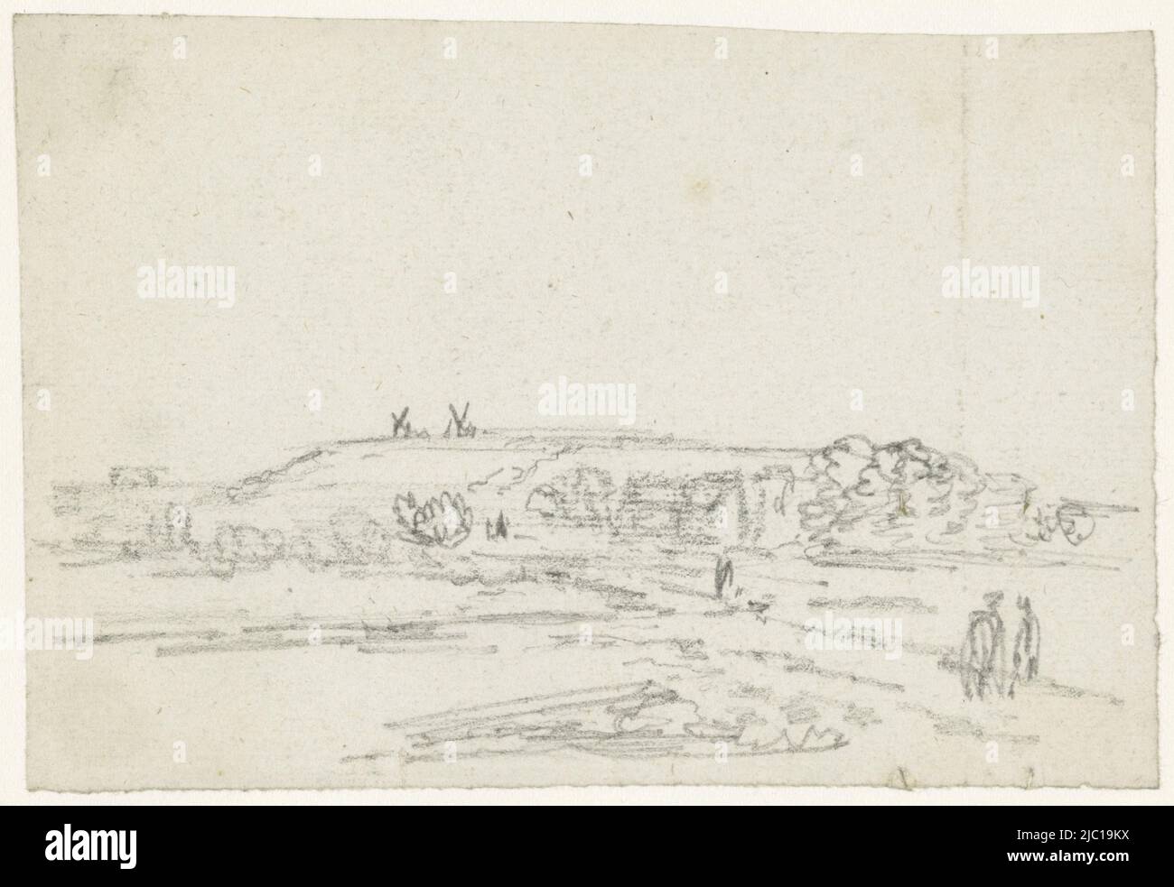 View of a hill, on which two mills, draughtsman: Georges Michel, 1773 - 1843, paper, h 91 mm × w 135 mm Stock Photo