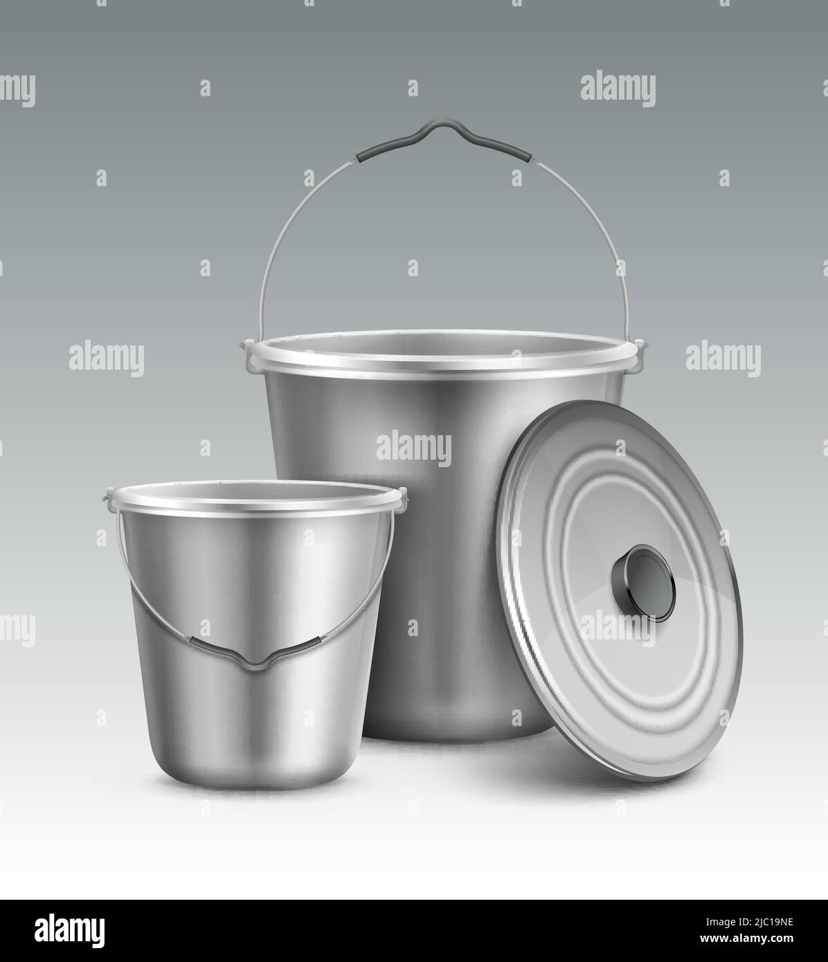 Vector illustration of big and small metal buckets with handle isolated