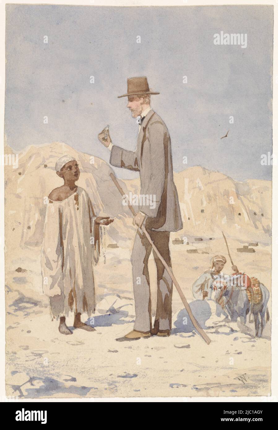 Earl of Paris, Louis Philippe Albert d'Orleans, during an excavation in Egypt, draughtsman: Willem de Famars Testas, 21-Jan-1860, paper, brush, h 143 mm × w 97 mm Stock Photo