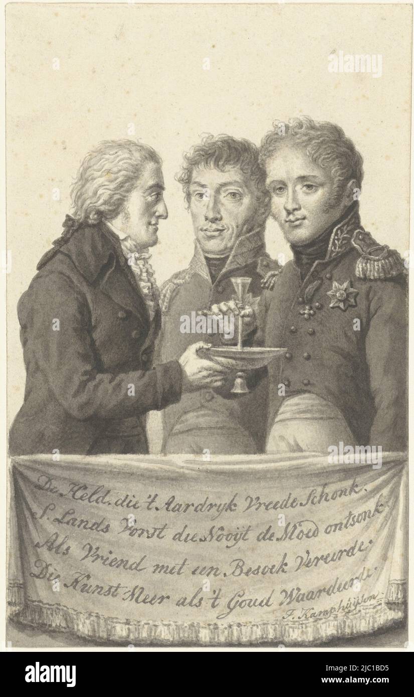 A.J. Brentano offers czar Alexander I a drink, in the middle King William I supervises, A.J. Brentano offers czar Alexander I a drink, draughtsman: Jan Kamphuijsen, 1814 - 1841, paper, pen, brush, h 173 mm × w 109 mm Stock Photo