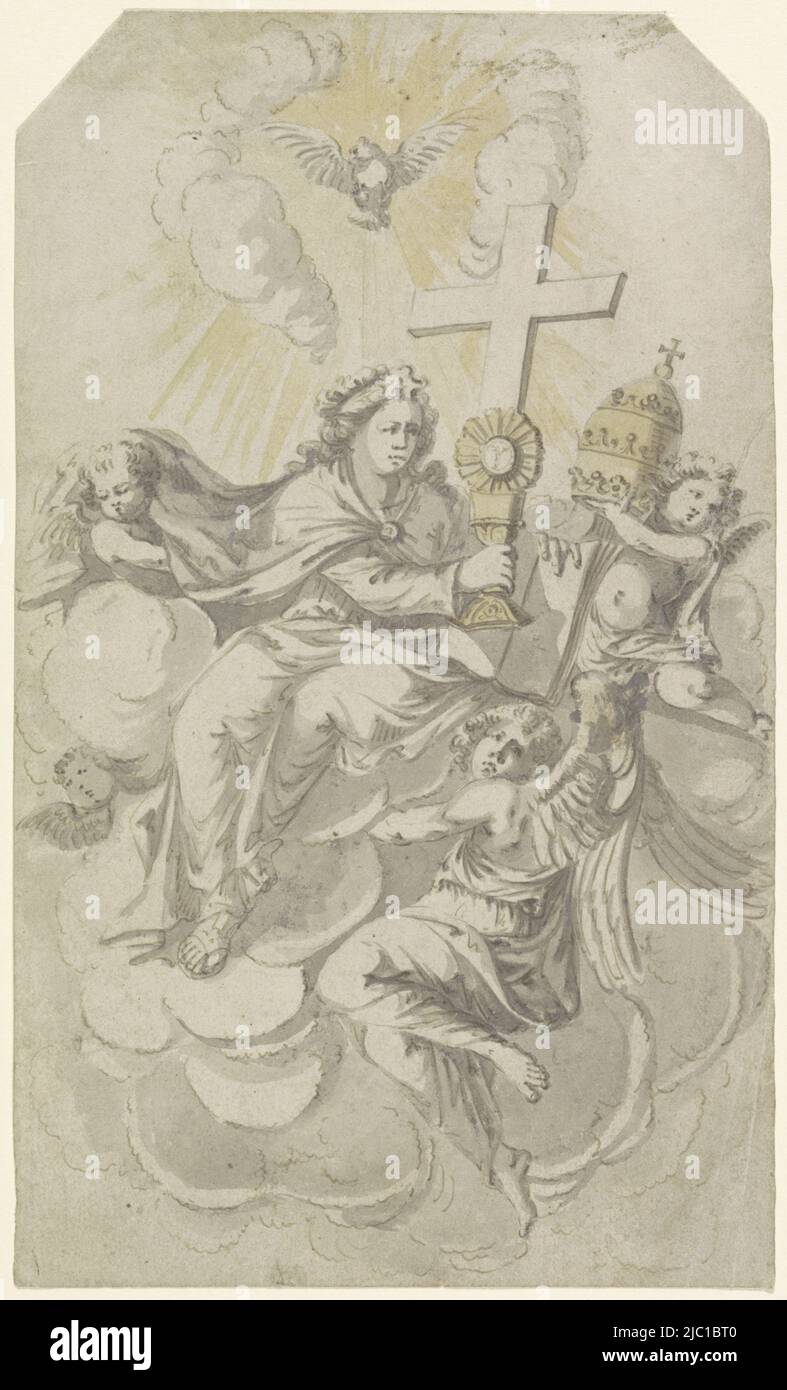 Allegory of the Roman Catholic Church. Angels and putti sit on clouds with ecclesiastical attributes such as a cross, a ray monstrance, a book and the papal tiara. At the top a dove in a halo as a symbol of the Holy Spirit, Allegory of the Roman Catholic Church., draughtsman: anonymous, , 1600 - 1800, paper, pen, brush, h 272 mm × w 163 mm Stock Photo