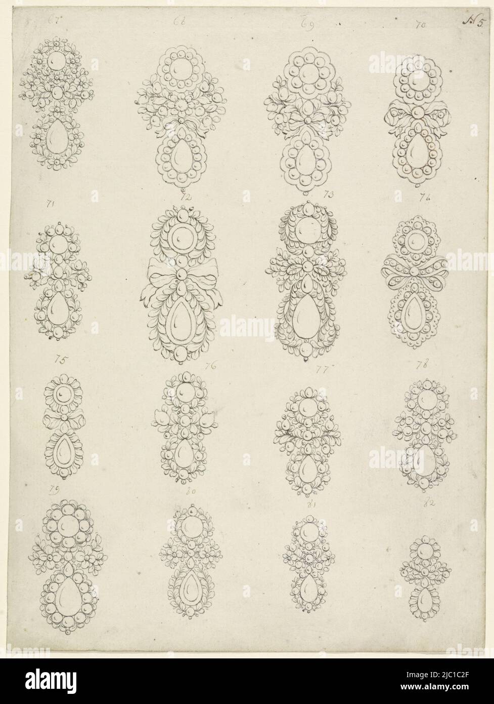 Designs of sixteen earrings with pearls, bows and flower patterns, numbered 67 to 82., Three Sheets with Designs for Earrings Earrings, draughtsman: anonymous, France, (possibly), c. 1750 - c. 1780, paper, pen, h 265 mm × w 198 mm Stock Photo