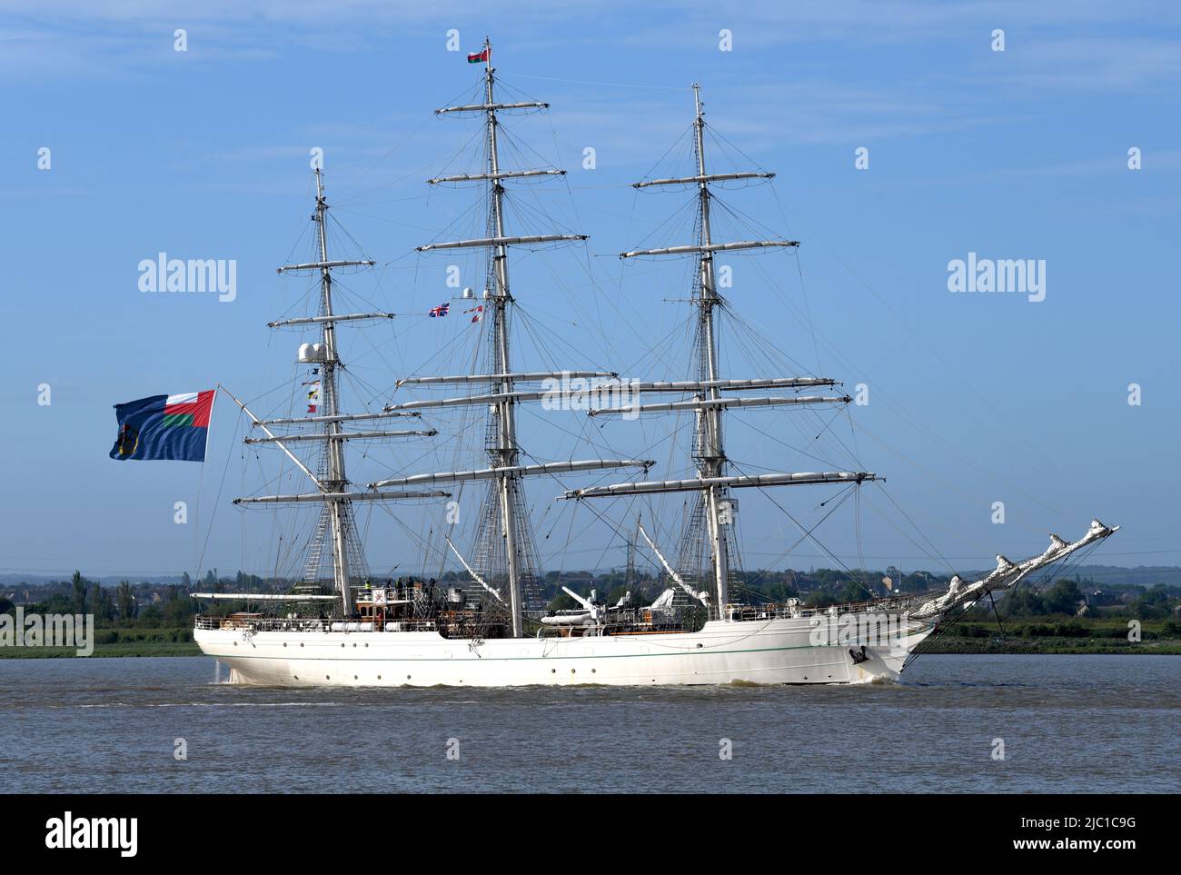 09/06/2022 Tilbury UK. The Royal Navy of Oman’s spectacular tall ship Shabab Oman II a Class-A full-rigged tall ship on her way to London this morning Stock Photo