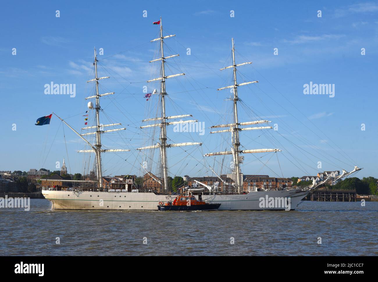 09/06/2022 Tilbury UK. The Royal Navy of Oman’s spectacular tall ship Shabab Oman II a Class-A full-rigged tall ship on her way to London this morning Stock Photo