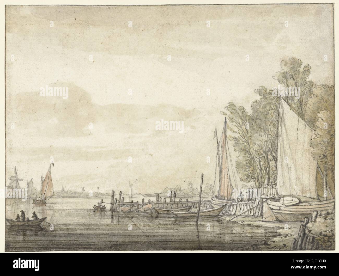 Boats at a jetty in a river, draughtsman: Aelbert Cuyp, 1641 - 1642, paper, pen, brush, h 146 mm × w 195 mm Stock Photo