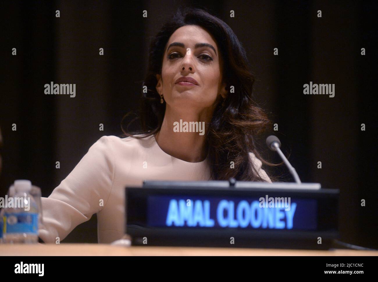 File - Amal Clooney, International human rights lawyer Participated on the Appointment Ceremony of Nadia Murad Basee Taha as UNODC Goodwill Ambassador for the Dignity of Survivors of Human Trafficking today at the UN Headquarters in New York City, NY, USA, September 16, 2016. - The Clooney Foundation denounces the links between the trafficking of antiquities and the financing of terrorism. Antiquities trafficking helps finance terrorist organizations and armed groups, particularly in Iraq, Syria, Libya and Yemen. This thesis is at the heart of the first report of The Docket, presented this Wed Stock Photo