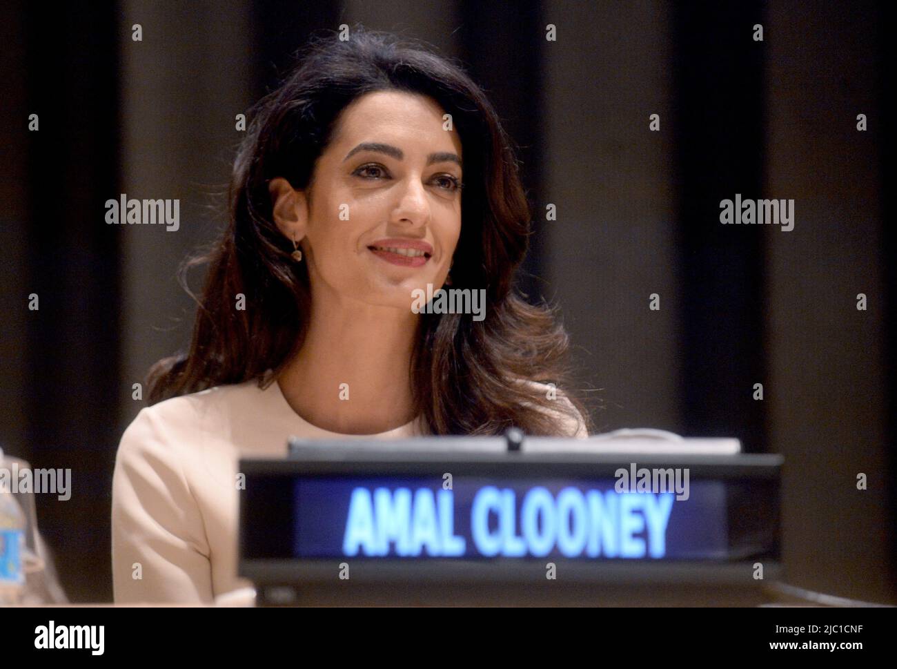 File - Amal Clooney, International human rights lawyer Participated on the Appointment Ceremony of Nadia Murad Basee Taha as UNODC Goodwill Ambassador for the Dignity of Survivors of Human Trafficking today at the UN Headquarters in New York City, NY, USA, September 16, 2016. - The Clooney Foundation denounces the links between the trafficking of antiquities and the financing of terrorism. Antiquities trafficking helps finance terrorist organizations and armed groups, particularly in Iraq, Syria, Libya and Yemen. This thesis is at the heart of the first report of The Docket, presented this Wed Stock Photo