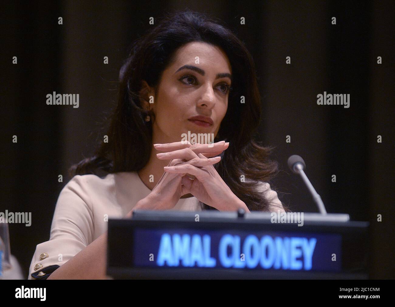 File - Amal Clooney, International human rights lawyer Participated on the Appointment Ceremony of Nadia Murad Basee Taha as UNODC Goodwill Ambassador for the Dignity of Survivors of Human Trafficking today at the UN Headquarters in New York City, NY, USA, September 16, 2016. - The Clooney Foundation denounces the links between the trafficking of antiquities and the financing of terrorism. Antiquities trafficking helps finance terrorist organizations and armed groups, particularly in Iraq, Syria, Libya and Yemen. This thesis is at the heart of the first report of The Docket, presented this Wed Stock Photo