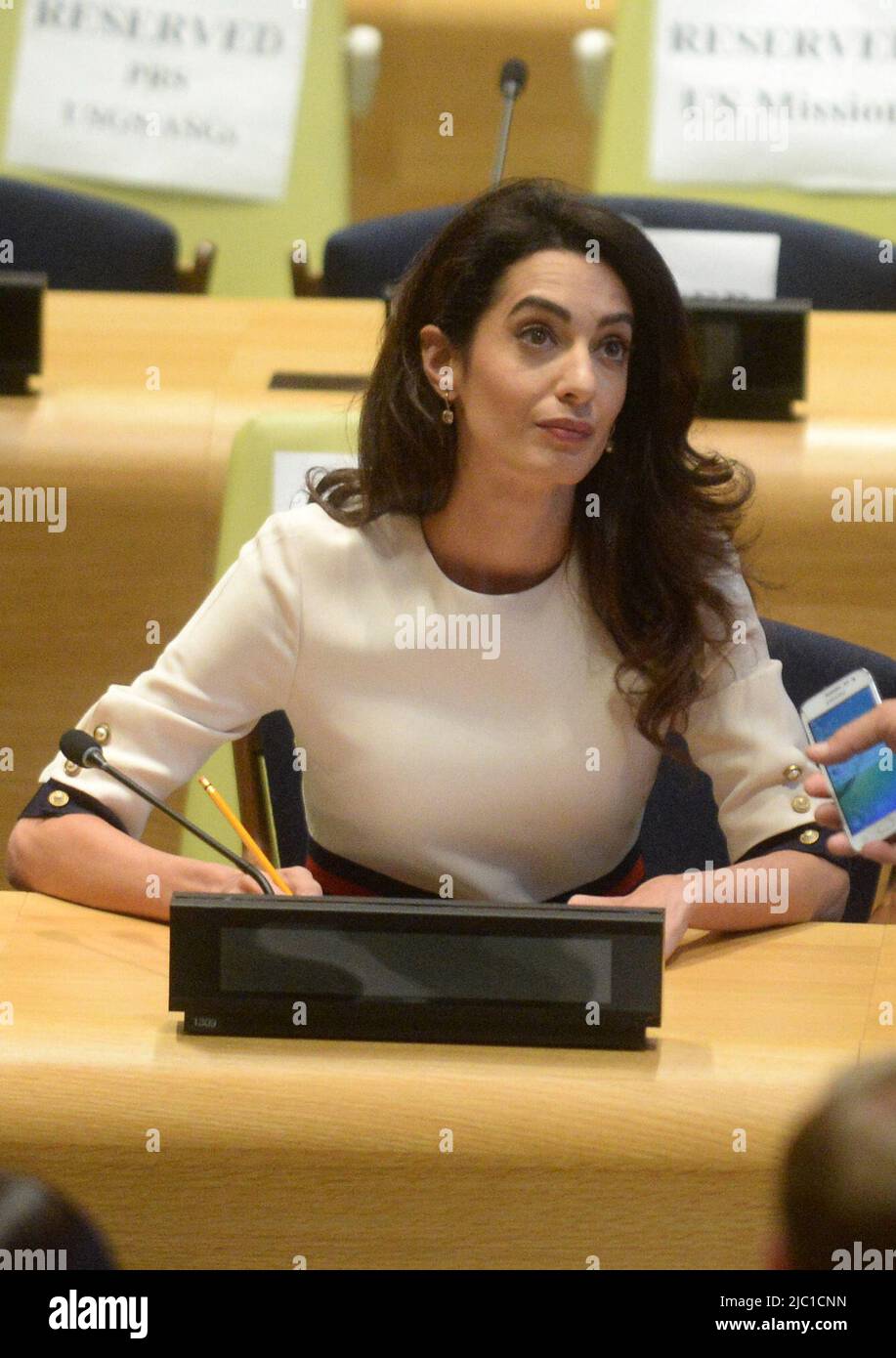 File - Amal Clooney, International human rights lawyer Participated on the Appointment Ceremony of Nadia Murad Basee Taha as UNODC Goodwill Ambassador for the Dignity of Survivors of Human Trafficking today at the UN Headquarters in New York City, NY, USA, September 16, 2016. - The Clooney Foundation denounces the links between the trafficking of antiquities and the financing of terrorism. Antiquities trafficking helps finance terrorist organizations and armed groups, particularly in Iraq, Syria, Libya and Yemen. This thesis is at the heart of the first report of The Docket, presented this Wed Stock Photo
