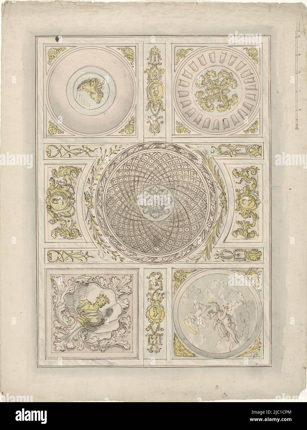 Design for a ceiling painting: ornamental tessellation, draughtsman: Elias van Nijmegen, 1677 - 1755, paper, brush, pen, h 378 mm × w 490 mm Stock Photo