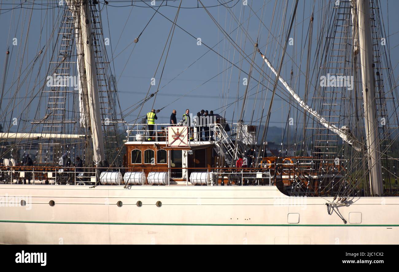 09/06/2022 Tilbury UK. The Royal Navy of Oman’s spectacular tall ship Shabab Oman II a Class-A full-rigged tall ship on her way to London this morning Stock Photo