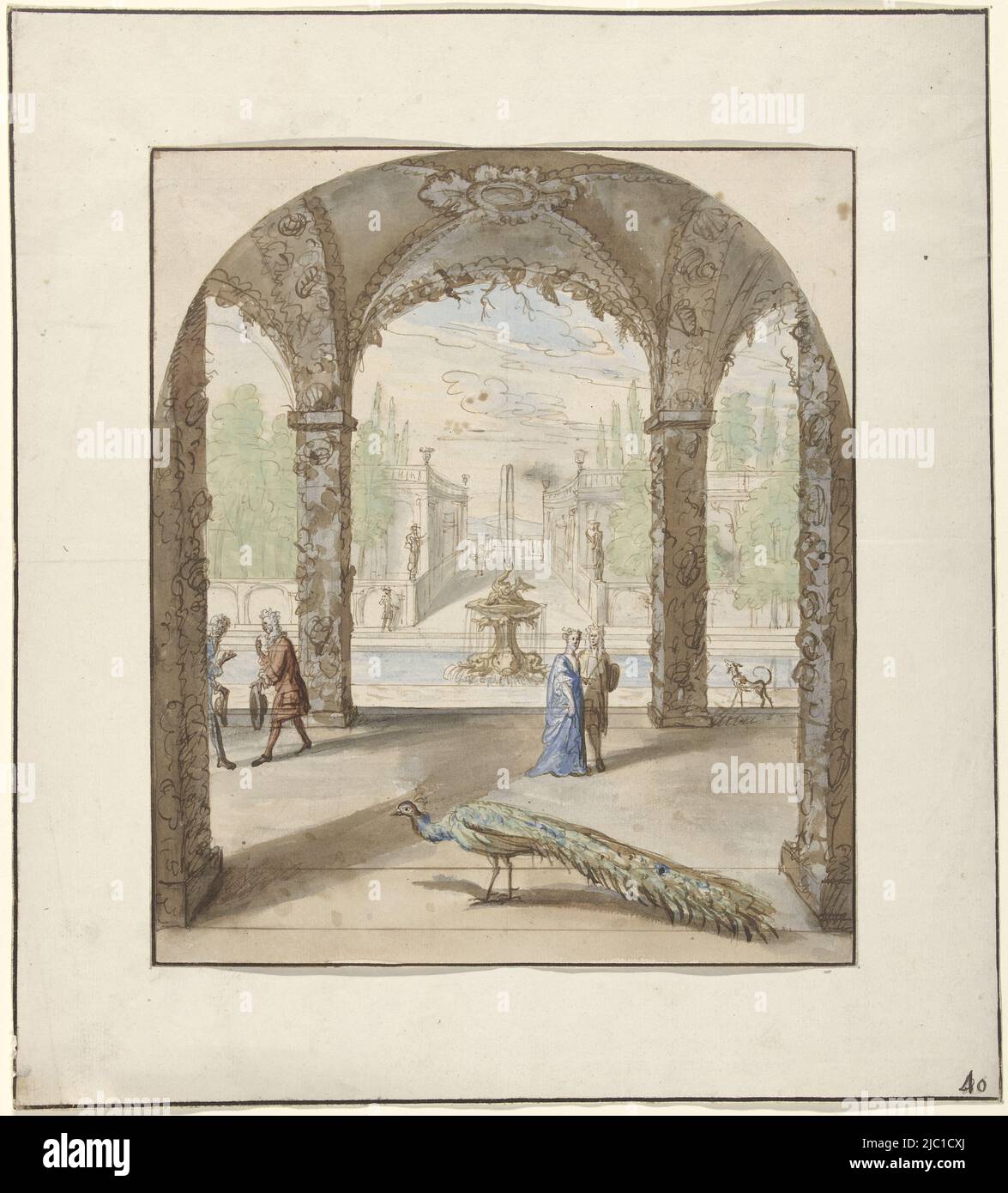 Design for a room painting with a view through a grotto with a peacock on a garden with a fountain, Design for a room painting with a view through a grotto, draughtsman: Elias van Nijmegen, 1677 - 1755, paper, pen, brush, h 273 mm × w 235 mm Stock Photo