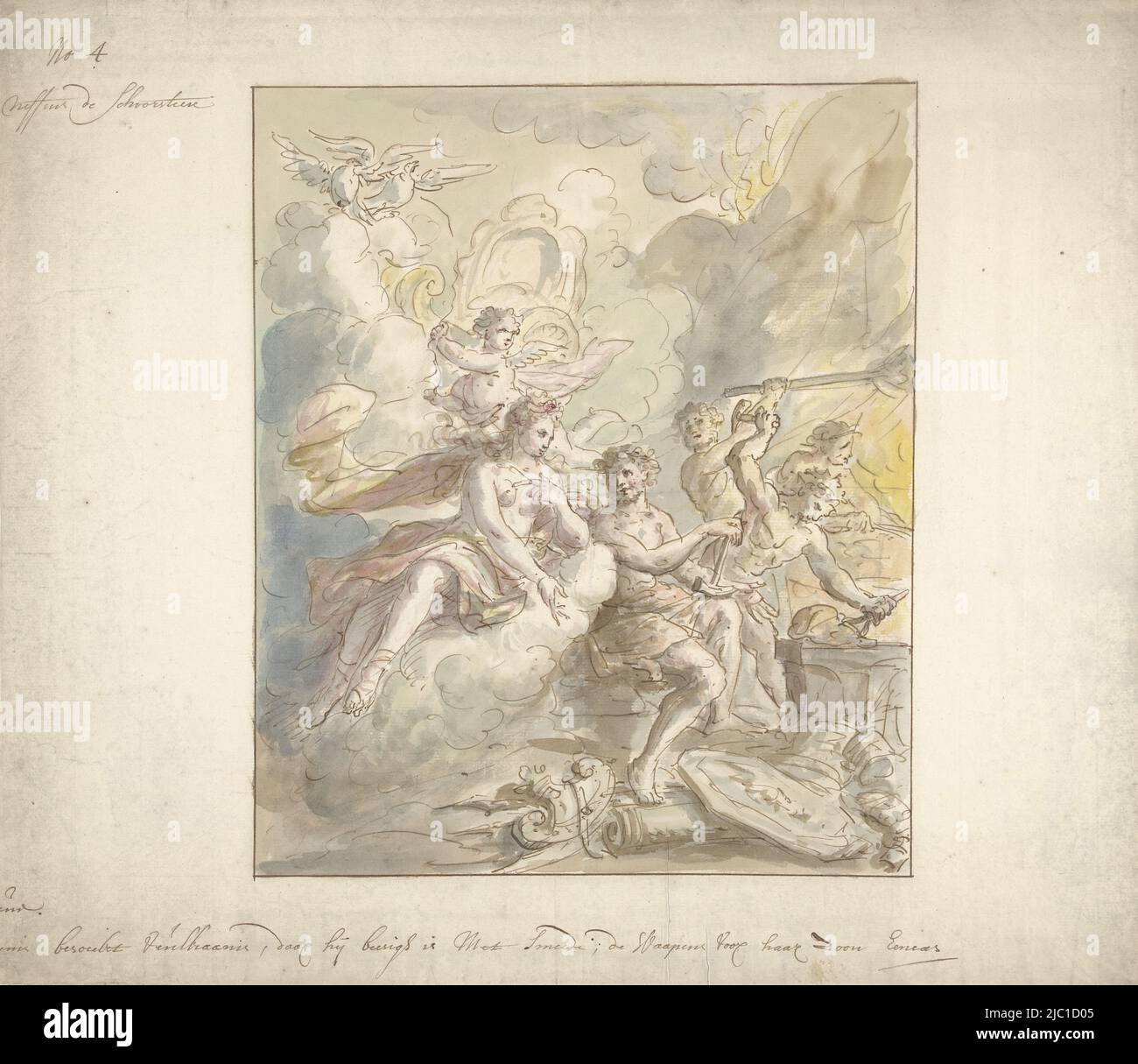 Allegory on the Fire: Venus in the forge of Vulcan, Design for a room painting with allegory on the Fire, draughtsman: Elias van Nijmegen, 1677 - 1755, paper, brush, pen, h 387 mm × w 443 mm Stock Photo