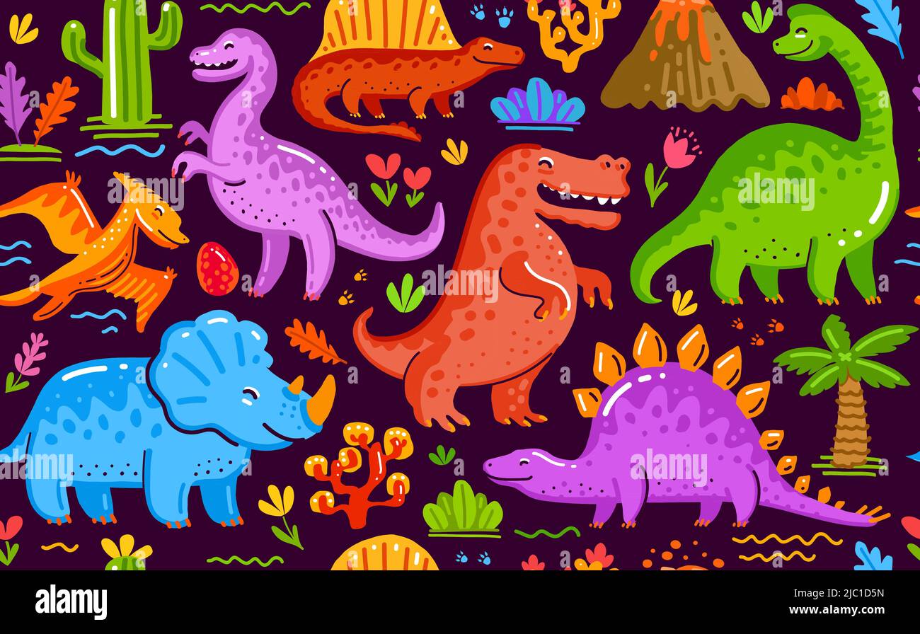 Funny dinosaurs seamless background. Prehistoric animals bright pattern. Childish cute cartoon vector illustration Stock Vector