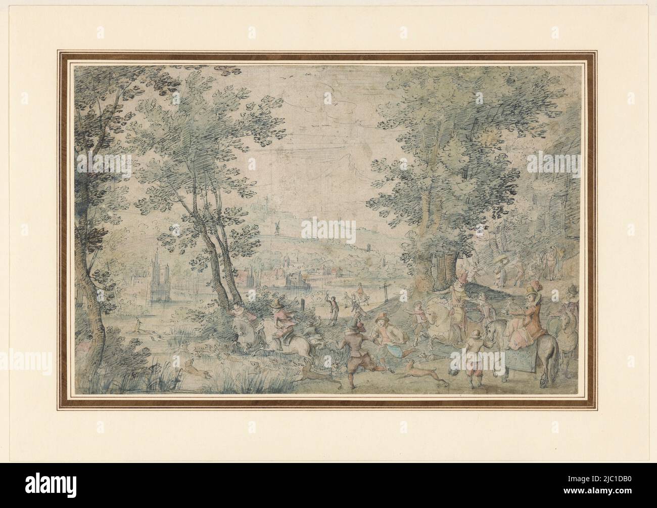 Landscape near Brussels with deer hunt, draughtsman: Denis van Alsloot, (possibly), draughtsman: anonymous, 1620 - 1640, paper, pen, brush, h 203 mm × w 312 mm Stock Photo