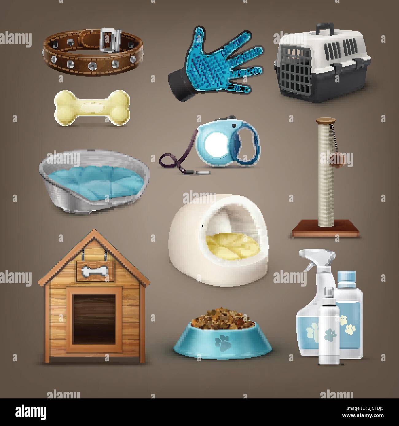 Set of vector items for pets with collar, leash, carrier, toys, plastic and soft house of pet, dog kennel, bowl and bottles isolated on background Stock Vector
