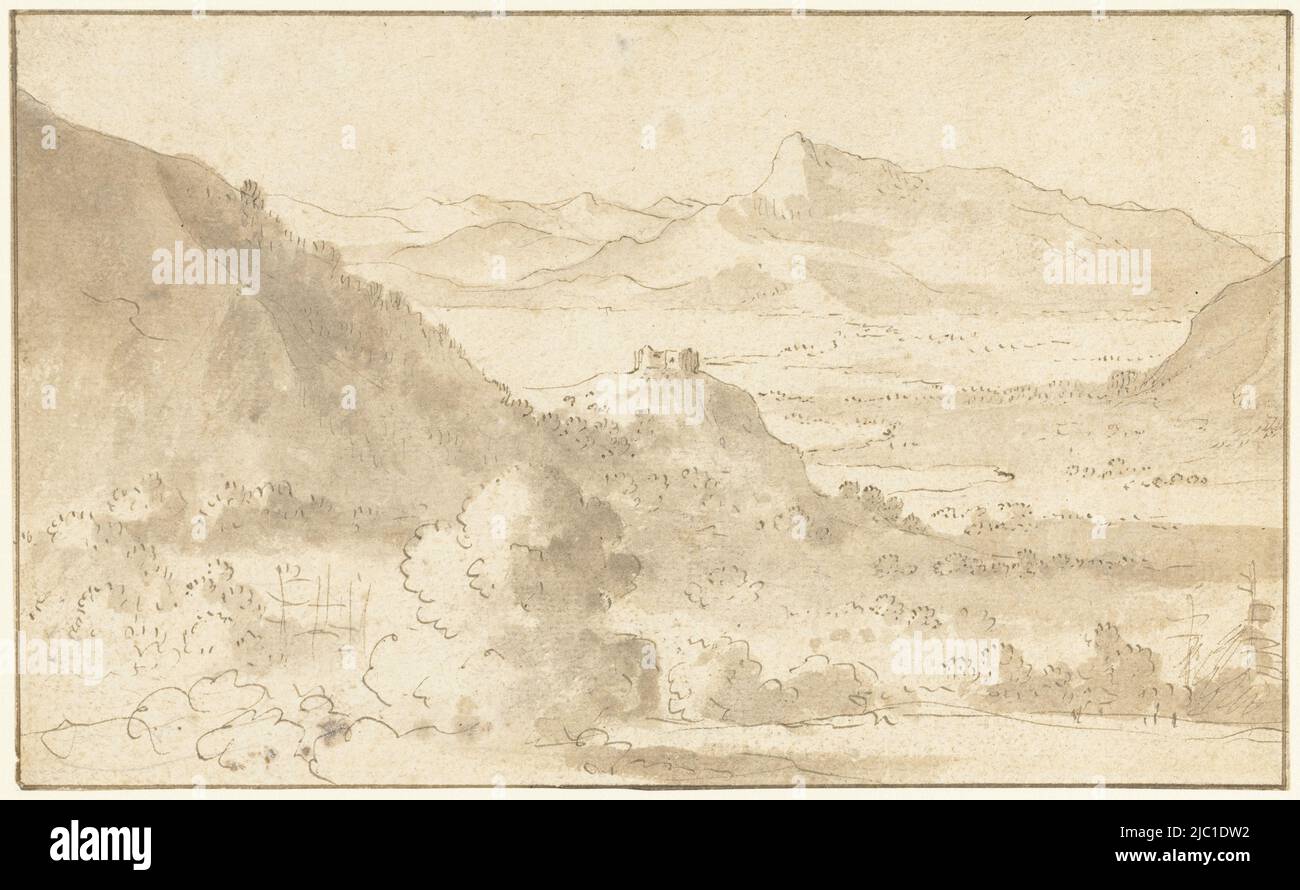 Mountain landscape with a lake and a castle on a ridge, Mountain landscape with a lake and a castle, draughtsman: Agostino Tassi, (possibly), 1590 - 1644, paper, pen, brush, h 105 mm × w 174 mm Stock Photo