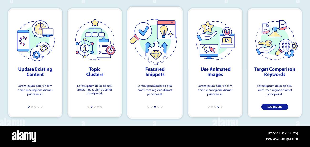 Advanced SEO techniques onboarding mobile app screen Stock Vector