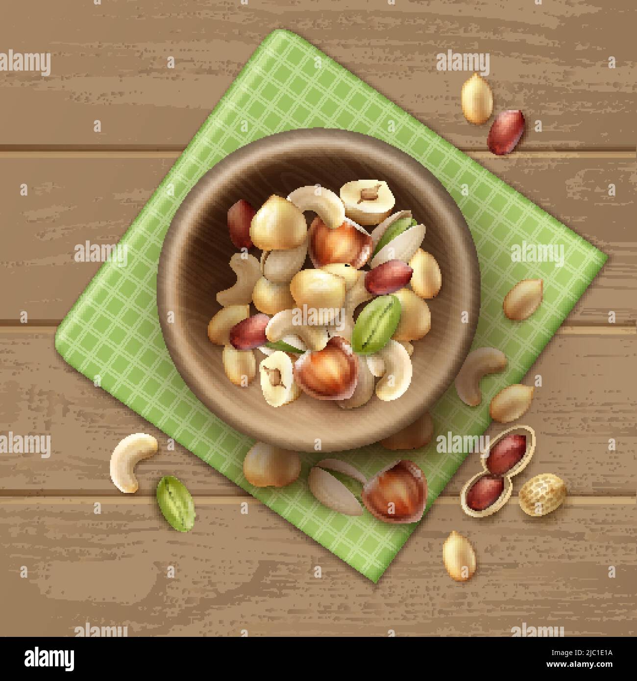 Vector mix of different nuts in wooden bowl whole and half hazelnut, pistachio, peanuts, cashew on table with green checkered napkin Stock Vector