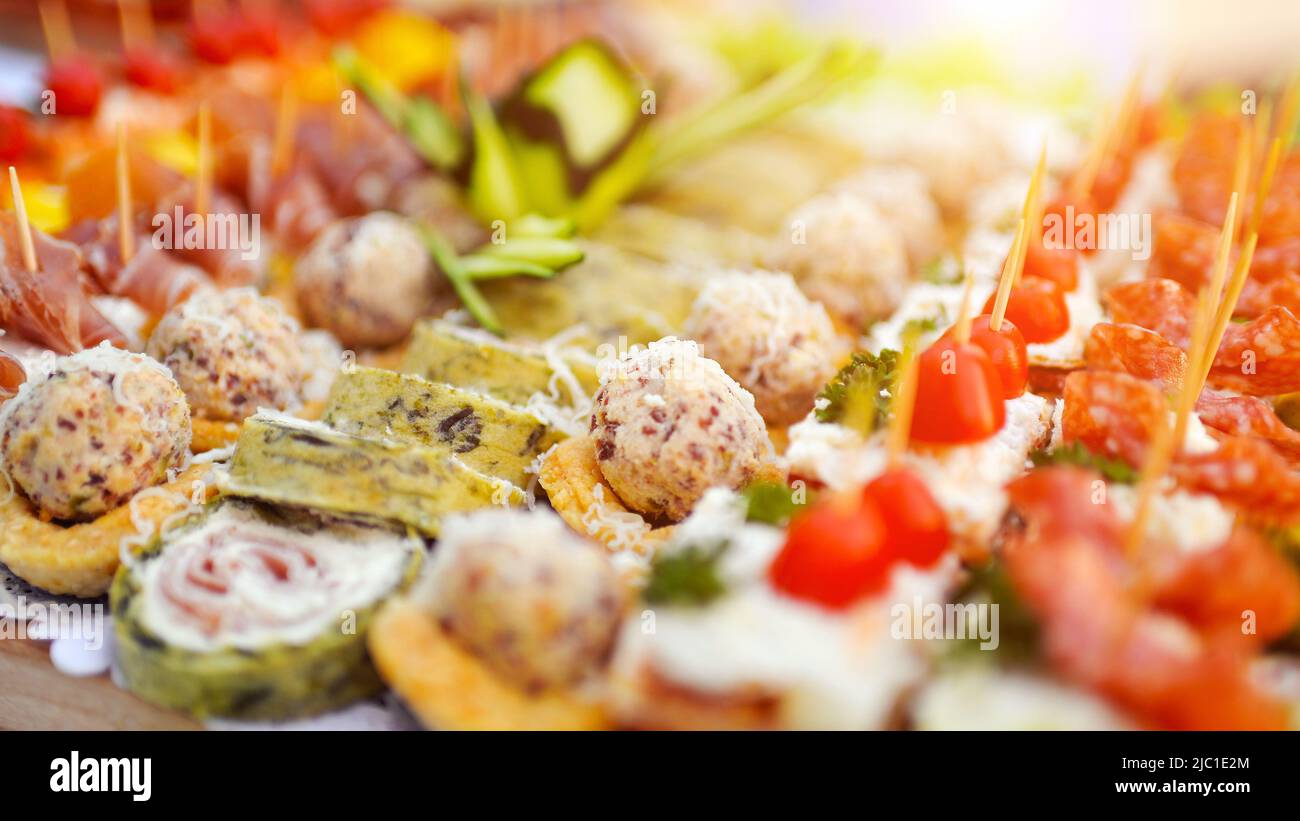Colorful tasty group of arranged canape food served Stock Photo