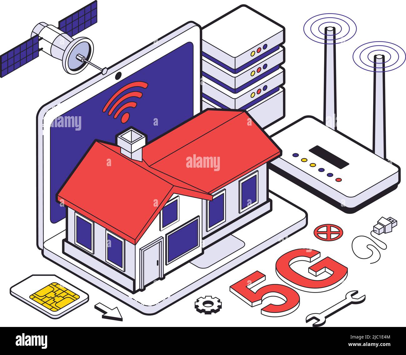 Web hosting isometric five g composition with wireless at home network and cloud services for work vector illustration Stock Vector